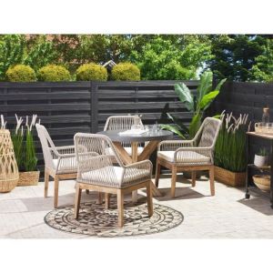 Image de Beliani Set de jardin avec 4 chaises et table ronde en fibre-ciment gris et beige OLBIA