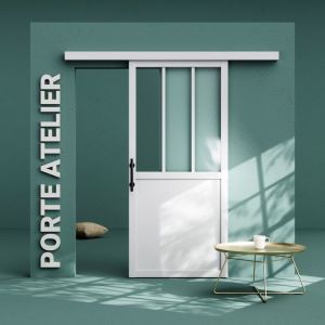 Porte Coulissante avec Rail - Atelier Blanche 83 cm - Avec poignée