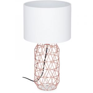 Relaxdays 10024792 Table Socle Grille métal Lampe de Chevet Abat-Jour Tissu HxD: 45 x 25 cm, Blanc/Rose-Or