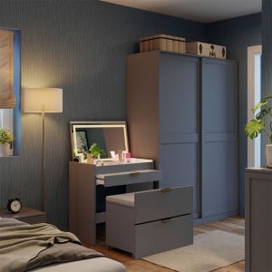 Coiffeuse Wanja, Gris, 80 cm avec banc et miroir LED, Vicco