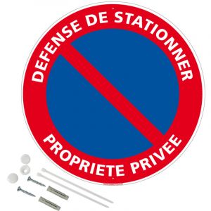 Panneau de signalisation rond prépercé PVC ou ALU diamètre 250 ou 300 mm + kit de fixation pour pose facile, rapide-- Défense de stationner propriété