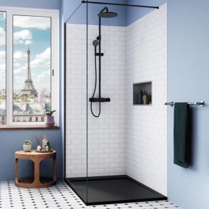 Ceramia Alda Receveur de douche 120x80cm + Siphon Eslim90. Pierre de synthèse, noir mat (ALD15-12080N-S)
