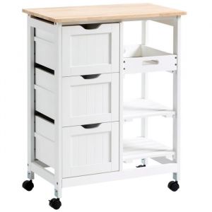 Homcom Desserte de cuisine multi-rangement - 3 tiroirs, 2 étagères, plateau amovible - MDF blanc bois hévéa 67x37x85cm Blanc