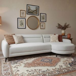 Canapé d'angle convertible avec méridienne arrondie Milord Tissu texturé Crème