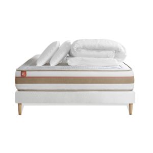 Pack prêt à dormir matelas LE TENDRE 140x190cm Ressorts ensac s + Mémoire de forme + sommier kit Blanc