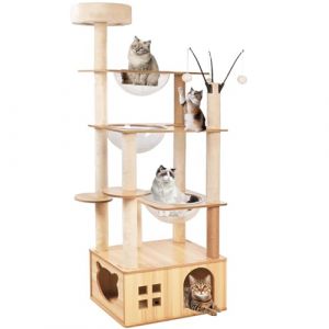 Mekidulu 173CM Arbre a Chat, Bois, avec 1 Condo, 3 Bol, 13 Griffoirs, 5 Plateformes,3 Balles de Jouets，Arbre a Chat XXL