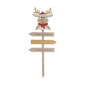 D&eacute;co de No&euml;l Pancarte en bois clair avec Renne rouge et dor&eacute; H 120 cm
