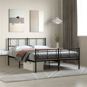 VidaXL Cadre de Lit avec Tête de Lit et Pied de Lit, Lit de Double avec Sommier à Lattes, Lit Adulte avec Rangement Chambre, Moderne, Noir 135x190 cm Métal