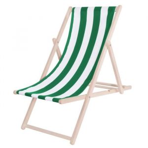 Springos - Chaise longue pliante, en bois avec un tissu à rayures blanches et vertes. - multicolore