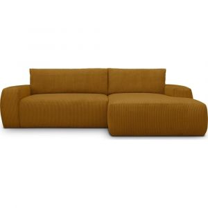 Canap&eacute; d'angle droit convertible 3 places en velours c&ocirc;tel&eacute; jaune moutarde - Sonny