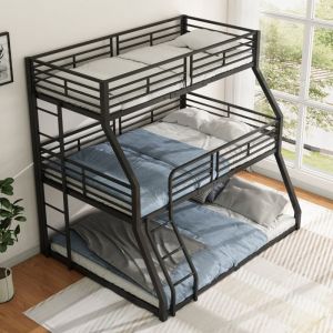 Image de Lit superposé triple 90 x 200 cm, cadre de lit en métal, pour enfants, adolescents et adultes, noir