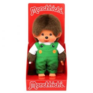 Sekiguchi 203871 - Monchhichi Original gar&ccedil;on avec Salopette et Motif Grenouille, Peluche d'environ 20 cm en Peluche Marron