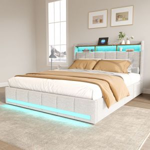 Lit 140x190 cm - lit double 140x190 cm - cadre de lit adulte 140x190 cm - 4 tiroir - LED ET USB - tissu en lin - beige