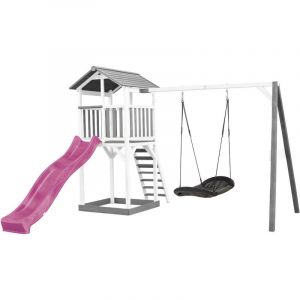 Axi Beach Tower Aire de Jeux Blanc avec Toboggan en Violet, Balançoire Nid d'oiseau Noir & Bac à Sable - Grande Maison Enfant