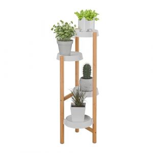 Relaxdays Étagère à Plantes, 4 emplacements, Bambou et Plastique, H x L x P : env. 85 x 32 x 33 cm, Nature et Blanc