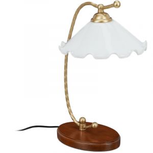 Relaxdays Lampe vintage, art nouveau, douille E27, socle en bois, abat-jour en verre, HLP: 43x30x25 cm, chevet, blanc