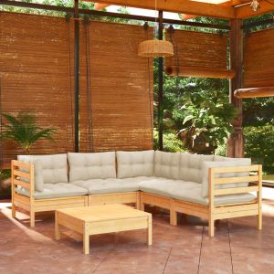 VidaXL Salon de jardin 6 pcs avec coussins crème Bois de pin solide