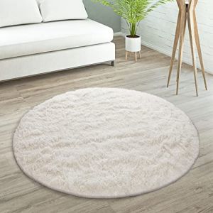 Tapis De Salon Poils Longs Fausse Fourrure Shaggy Moelleux Monochrome, Dimension:160 cm Rond, Couleur:Ivoire