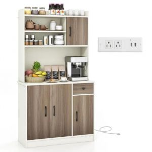 Buffet De Cuisine Avec 4 Etagères Réglables Costway, Station De Charge Intégrée, Armoire De Rangement Avec Trous Pour Câbles, Blanc