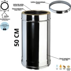 Edilinox - Elément droit 50 cm conduit double paroi isolé Ediliso25 Diamètre 150