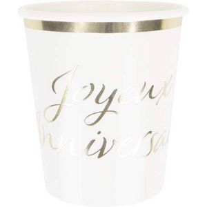 Ruedelafete Sachet de 8 Gobelets Joyeux Anniversaire, blanc et Or