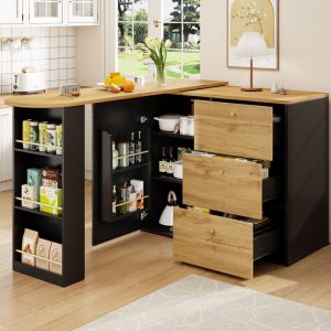 Hauss Spole - Buffet avec table de bar extensible, noir, rotation &agrave; 360&deg;, 3 tiroirs, 1 porte, mdf, 138-204&times;39&times;104cm