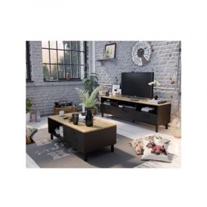 Ensemble Meuble TV Table basse OXFORD Style industriel M&eacute;lamin&eacute; chene Table Basse: L1