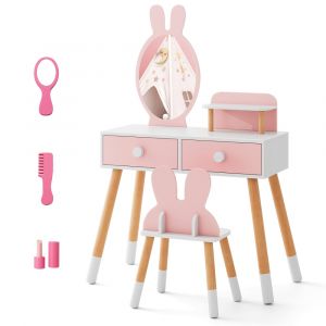 GOPLUS Coiffeuse pour Enfants avec Tabouret et Miroir en Forme d'oreilles de Lapin,Style Princesse 2 en 1 avec Tiroirs Doubles
