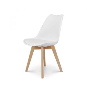 Image de Kosmi Lot de 4 Chaises Blanches Style scandinave modèle VICTOIRE avec Coque en résine Blanche Rembourrée et Pieds en Bois