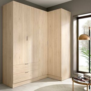 Armoire Dmellin, Meubles d'angle pour chambre à coucher, Armoire d'angle avec 4 portes battantes, 174x91h184 cm, Chêne