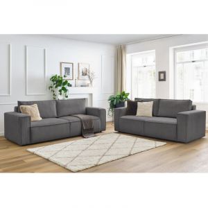 Bobochic Canap&eacute; droit fixe - Ensemble canap&eacute; droit fixe 3 + 2 places NIHAD velours c&ocirc;tel&eacute; Gris fonc&eacute; - Gris fonc&eacute;