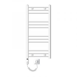 LuxeBath Radiateur Électrique de Salle de Bain Sahara 400x800 mm Blanc Raccord Latéral Courbe Elément Chauffant 300W + Thermostat Affichage Digital Sèche-serviettes Minuterie et Kit de Fixation Inclus