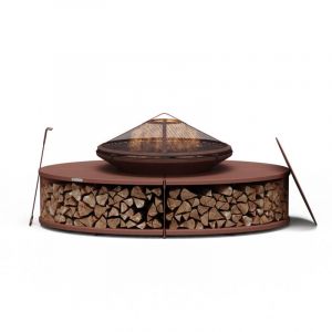 Blumfeldt Ebeko Brasero Exterieur - Barbecue & Table, 3-en-1 Brasero en Acier Durable, Pare-Étincelles & Tisonnier Inclus, Rangement Bûches, Housse