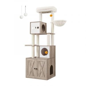Arbre à chat moderne avec cache-litière 185 cm tapis lavables grège