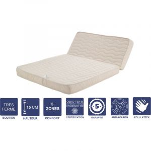 Matelas Tr&egrave;s Ferme Pour tous BZ 140x190 x 15 cm + Oreiller Visco D&eacute;coupe ise 60 cm 5 zones de Confort Noyau Poli Lattex HR