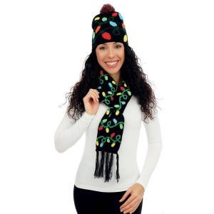 Ruedelafete Set de Noël adulte bonnet et écharpe noir motif guirlande de Noël