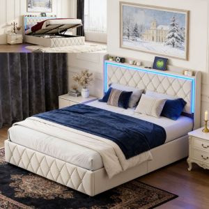 Lit 160x200 cm, lit coffre avec sommier &agrave; lattes, lit adulte avec tete de lit, LED, tissu en velours, 160x200 cm, beige