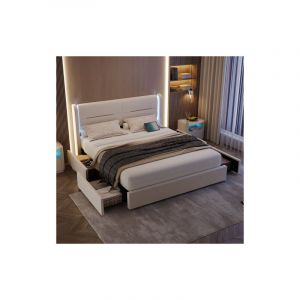 Lit adulte 160x200 cm, lit capitonné avec éclairage led sur les ailes, 4 tiroirs, 2 ports usb, sans matelas, velours, beige