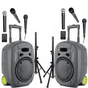 Pack Sono 2 Enceintes Portables Autonomes USB Bluetooth Ibiza PORT8VHF-MKII-TWS 400W 6 Micros - Paire Supports Enceintes SS01B-MINI
