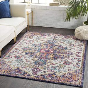 Livabliss Asmara Tapis Vintage - Tapis de Salon, Salle à Manger, Chambre, Cuisine - Boheme Chic, Design Traditionnel Oriental Multicolore, Coloré Poil Court 157x213 cm - Bordeaux, Bleu