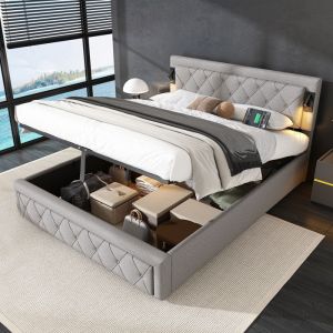 Lit Coffre 160x200 cm - Lit Double Ado et Adulte avec Rangement Hydraulique LED Port USB T&ecirc;te Diamant Lin Gris Sans Matelas