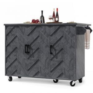 &Icirc;lot central de cuisine mobile - Plateau extensible - 118x75x92cm - 3 portes - &eacute;tag&egrave;res ouvertes - avec porte-serviettes - MDF - Gris