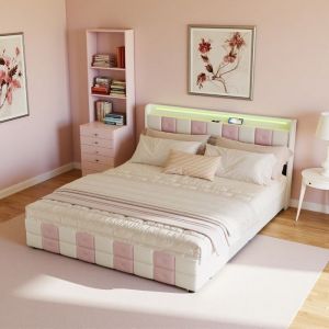 Lit double 140x190 cm - Rembourr&eacute; - LED int&eacute;gr&eacute;e - 4 tiroirs - Tissu velours blanc et rose