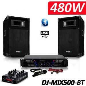 Ibiza Sound Pack Sono complet DJ-MIX500-BT ampli + enceintes 500W + Table de mixage USB Bluetooth Micro + Câbles