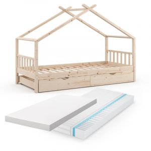 Vitalispa lit cabane Design, Naturel bois, 90x200 cm avec lit d'appoint et 2 matelas