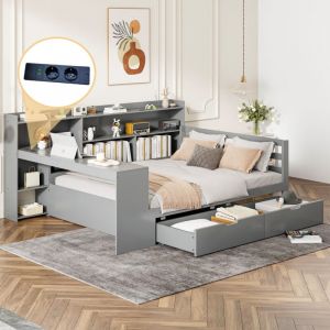 Lit 140 x 200 cm, 2 tiroirs, avec compartiments de rangement et prise de charge, lit à tiroirs, sans matelas, bois, gris
