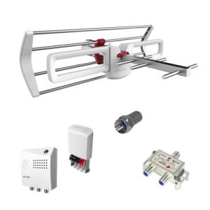 Fagor PACK Antenne Rateau TNT Mini Gain 12dB LTE 5G + Kit Amplificateur de Mât + Alim 24V + Répartit