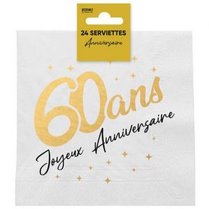 24 Serviettes de table pour anniversaire 60 ans en doré or métallique et blanc REF/STAM00OR06