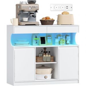 Buffet Cuisine, Meuble de Rangement, Multiprise et &Eacute;clairage LED