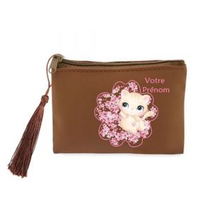 Porte monnaie et porte cles marron Taperso avec motif chat et fleur de cerisier personnalisable